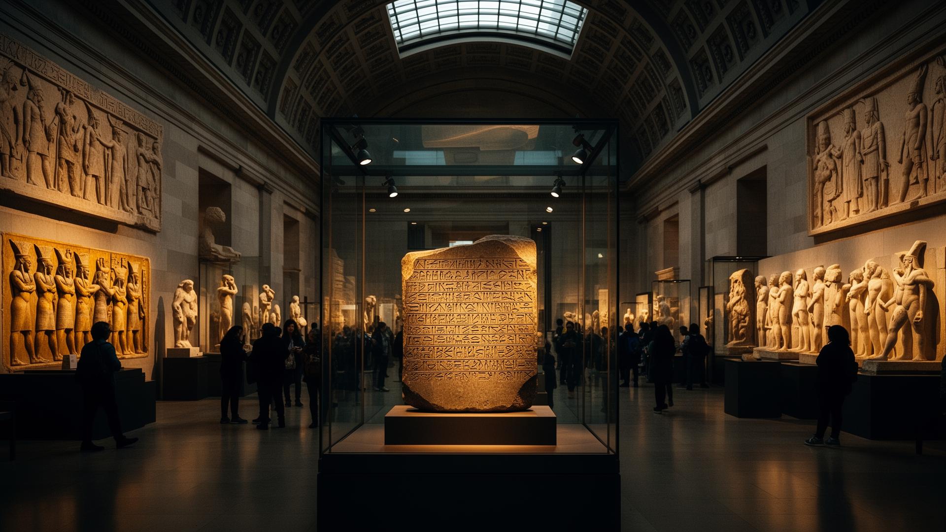 The British Museum galleries with the Rosetta Stone and ancient Egyptian and Mesopotamian artifacts on display