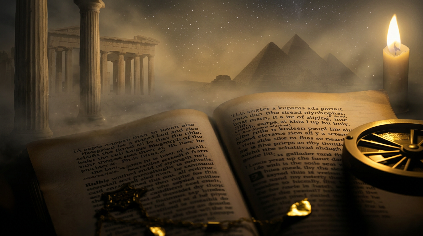 Open manuscript with Greek pillars and pyramids in misty distance